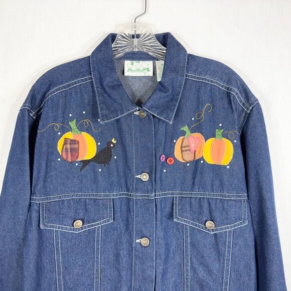 Quacker Factory Medium Denim Jacket‎ Jean Fall Autumn Scarecrow Pumpkin 1582 - Picture 3 of 11